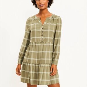 Loft Petite Sage Green Plaid Tiered Dress